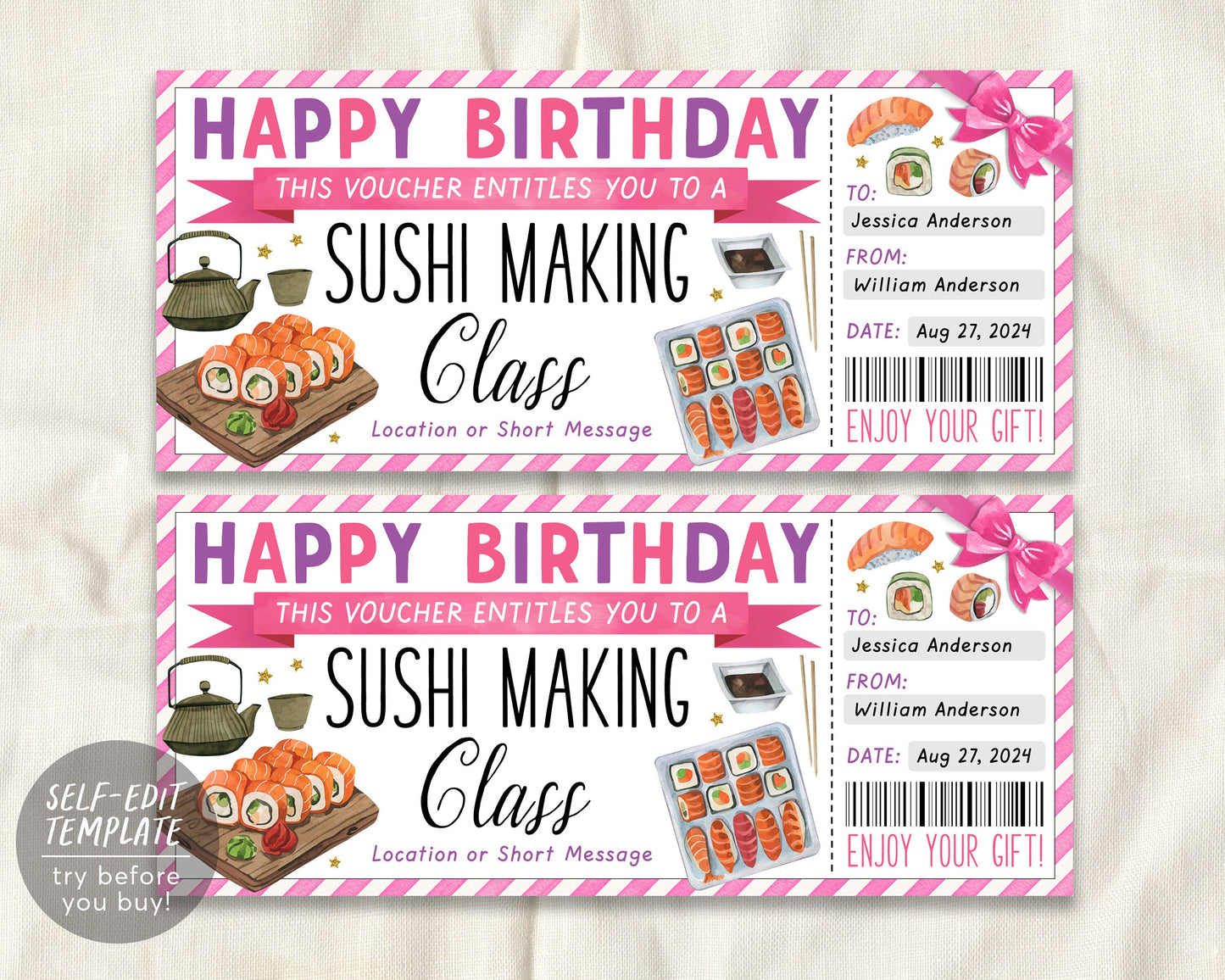 Sushi Making Class Ticket Voucher Editable Template