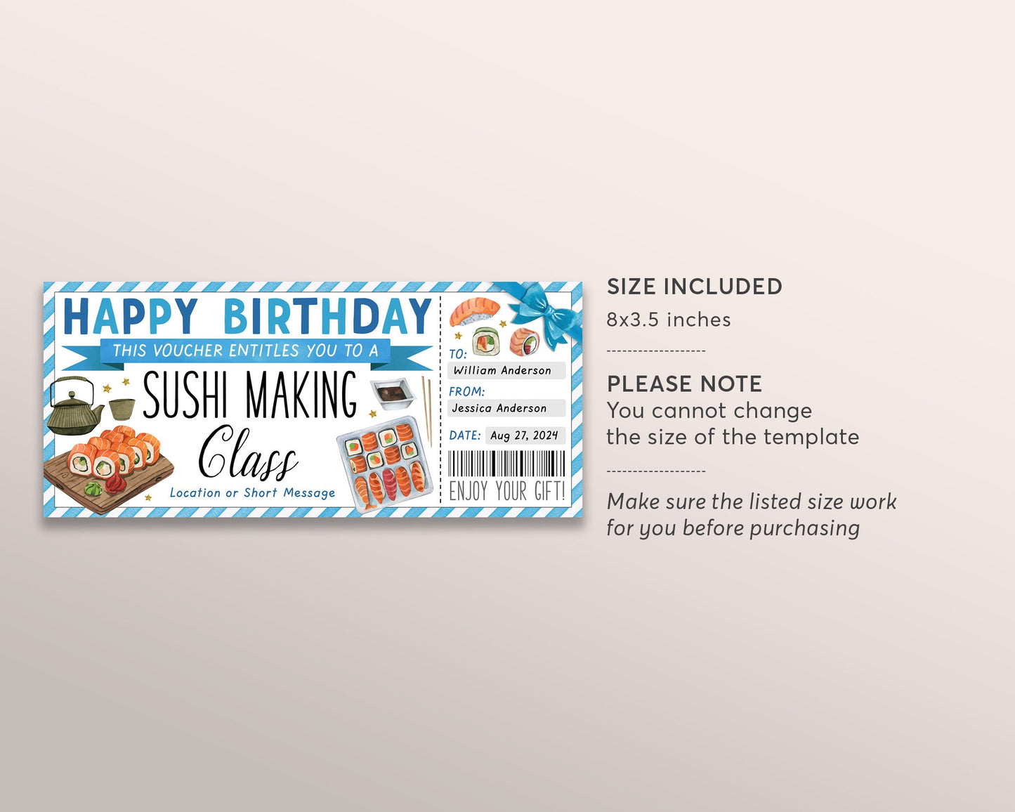 Sushi Making Class Ticket Voucher Editable Template, Birthday Surprise Japanese Cuisine Food Cooking Coupon, Cooking Lessons Certificate