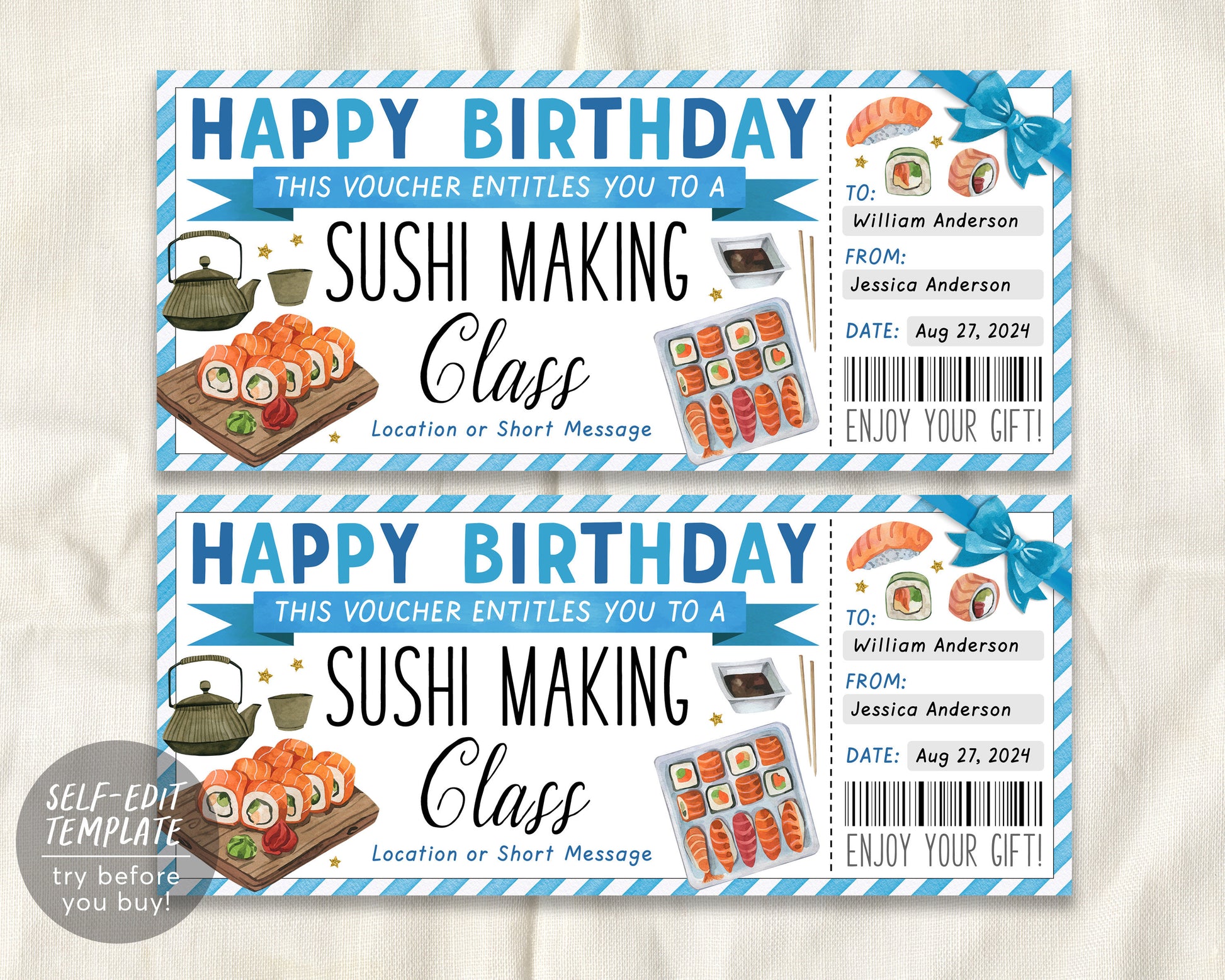 birthday Sushi Making Class Ticket Voucher Editable Template