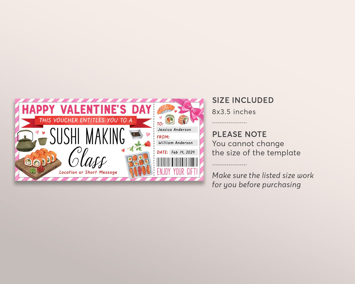 Valentines Day Sushi Making Class Ticket Voucher Editable Template, Japanese Cuisine Food Cooking Coupon, Cooking Lessons Certificate