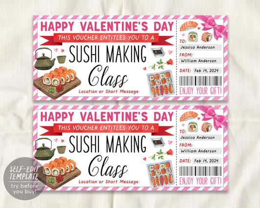 Valentines Day Sushi Making Class Ticket Voucher Editable Template
