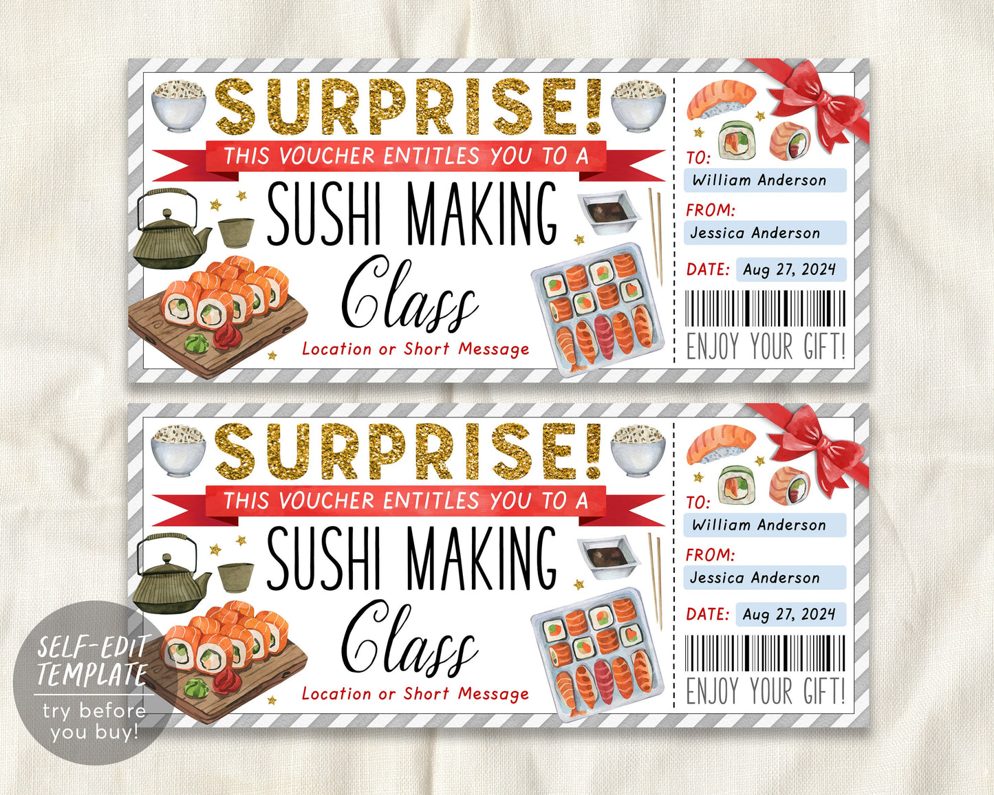 Sushi Making Class Ticket Voucher Editable Template