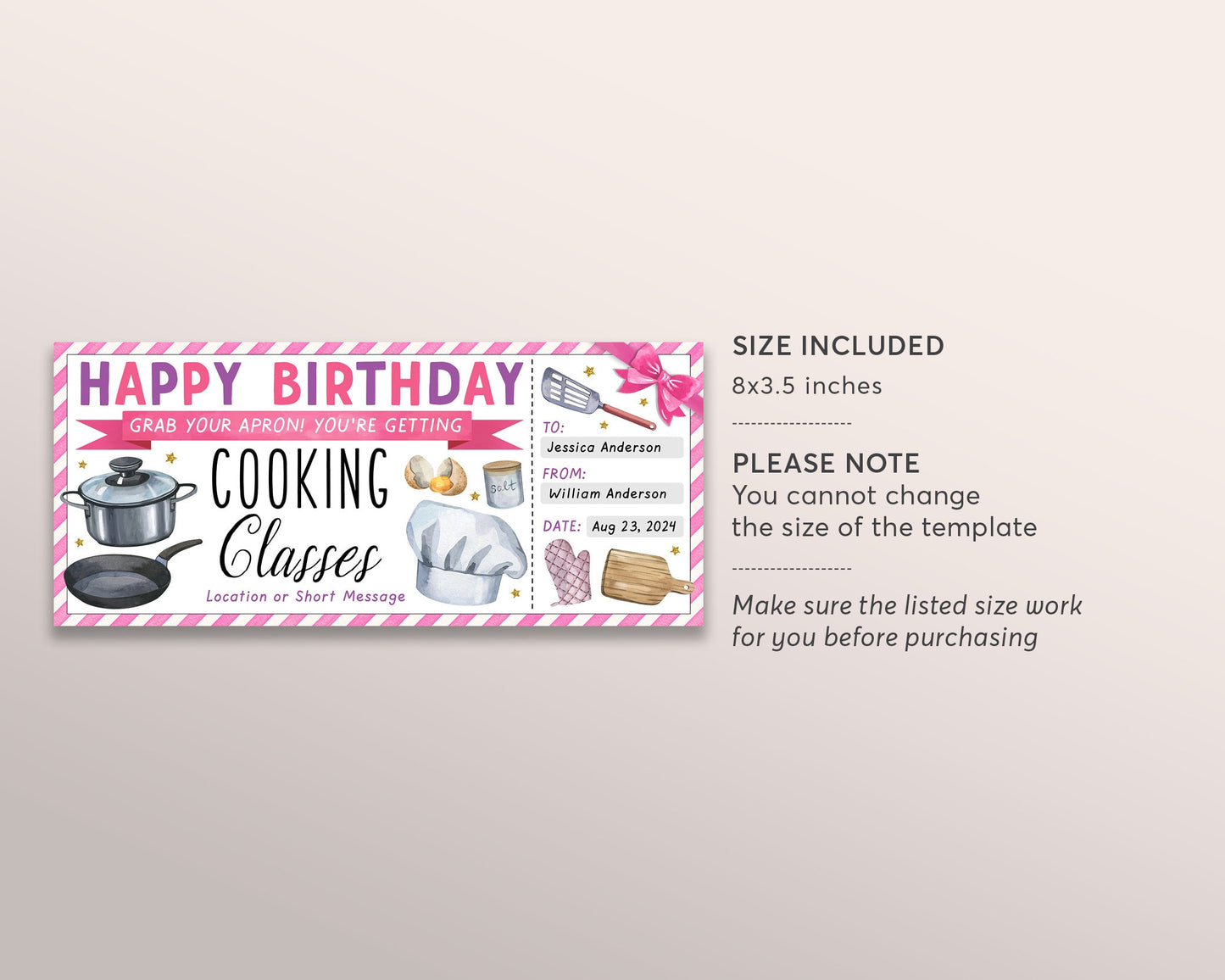 Cooking Classes Gift Certificate Ticket Editable Template, Birthday Surprise Cooking Lessons Course Experience, Food Lovers Gift Voucher