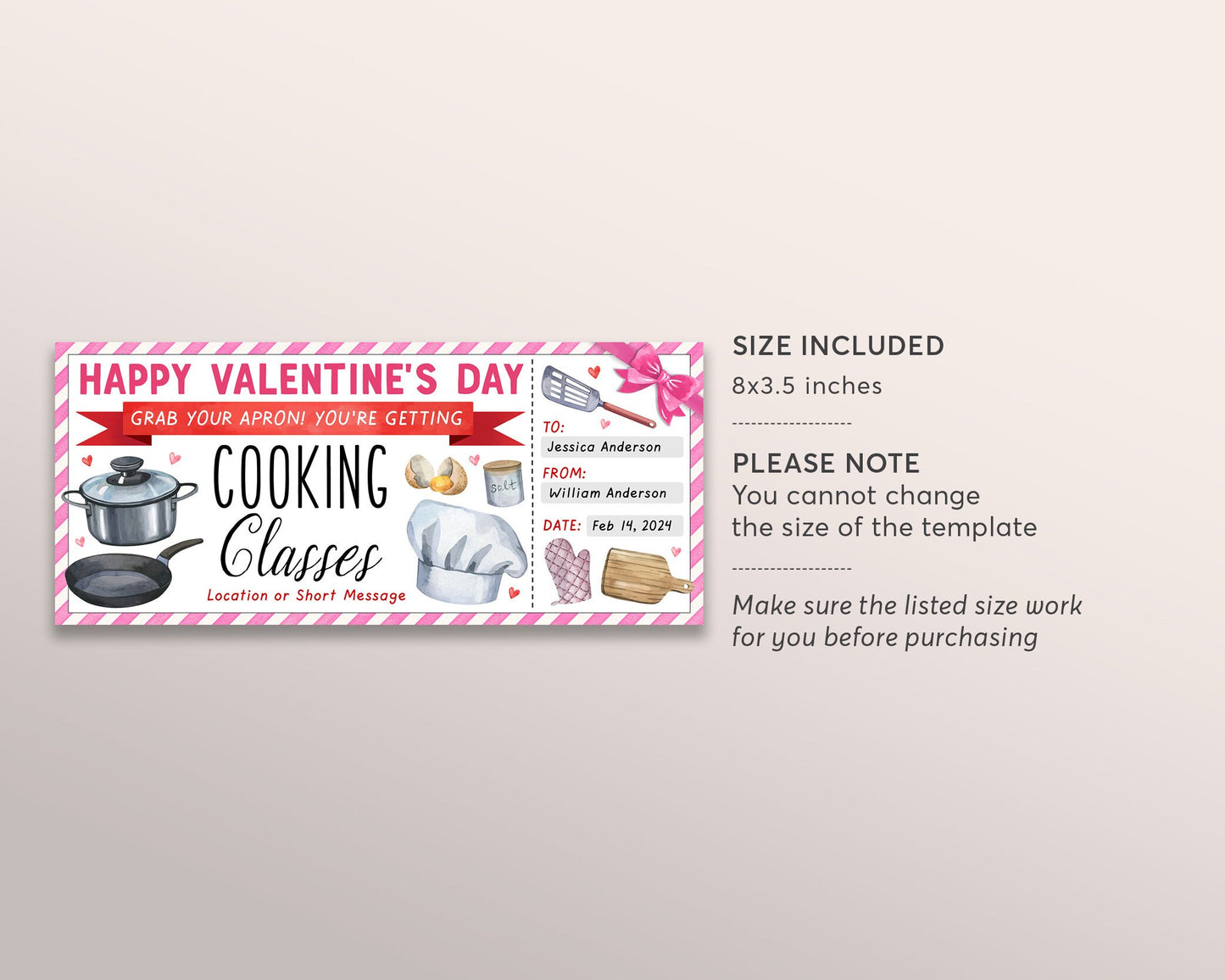 Valentines Day Cooking Classes Gift Certificate Ticket Editable Template, Anniversary Surprise Cooking Lessons Experience Gift Voucher