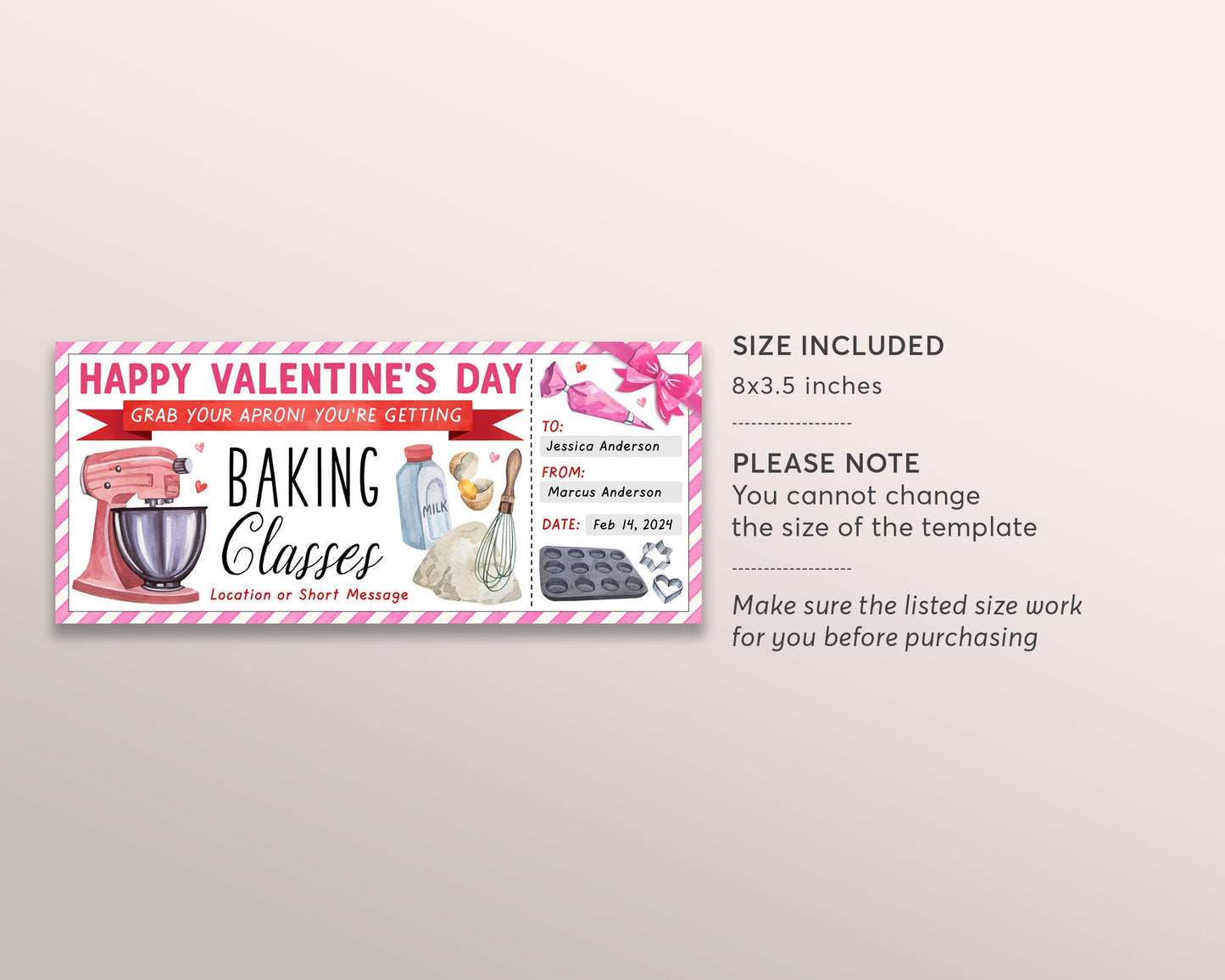 Valentines Day Baking Classes Gift Certificate Ticket Editable Template, Anniversary Surprise Cake Baking Lessons, Cake Decoration Voucher