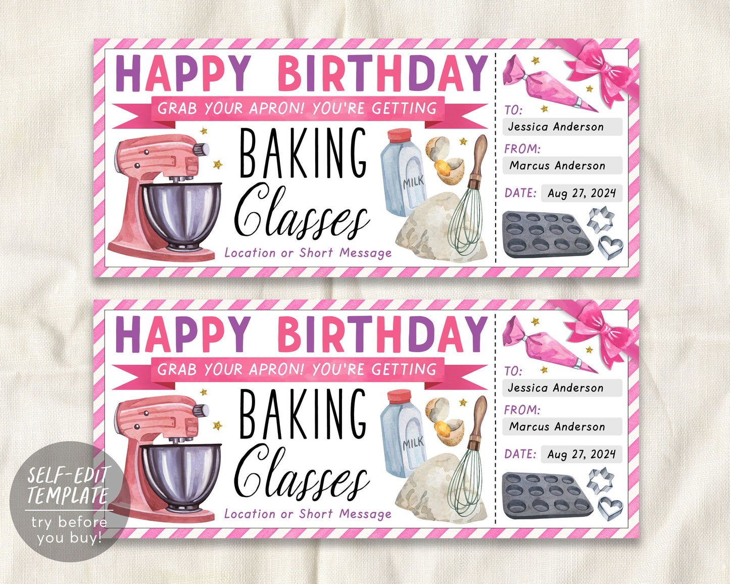 Baking Classes Gift Certificate Ticket Editable Template