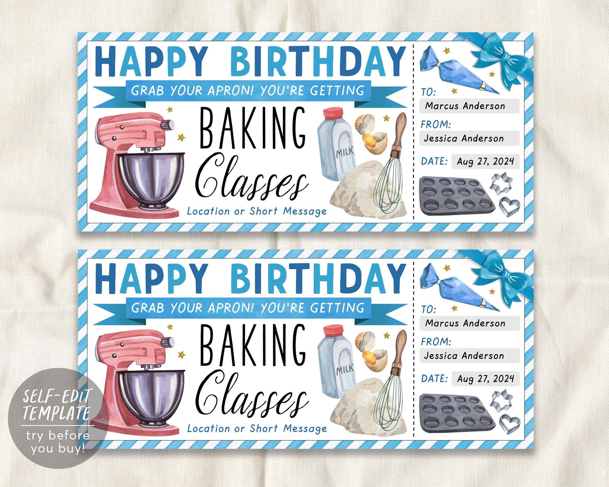 Baking Classes Gift Certificate Ticket Editable Template