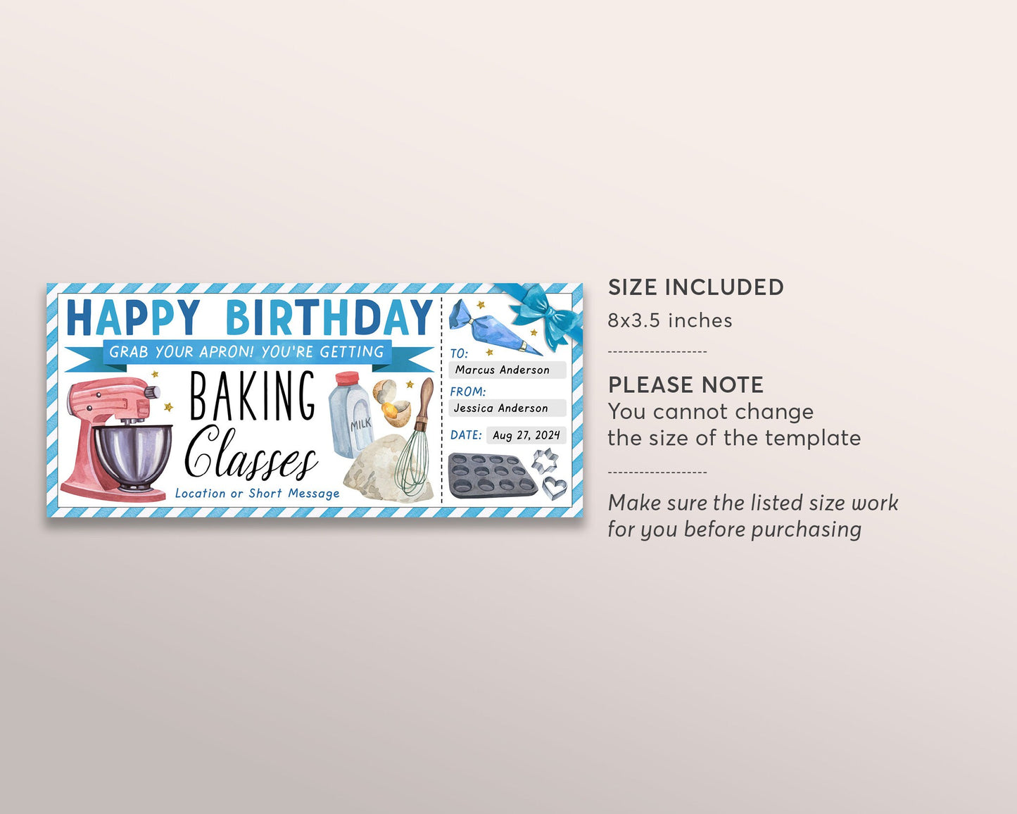 Baking Classes Gift Certificate Ticket Editable Template, Birthday Surprise Cake Baking Lessons Experience, Cake Decoration Gift Voucher