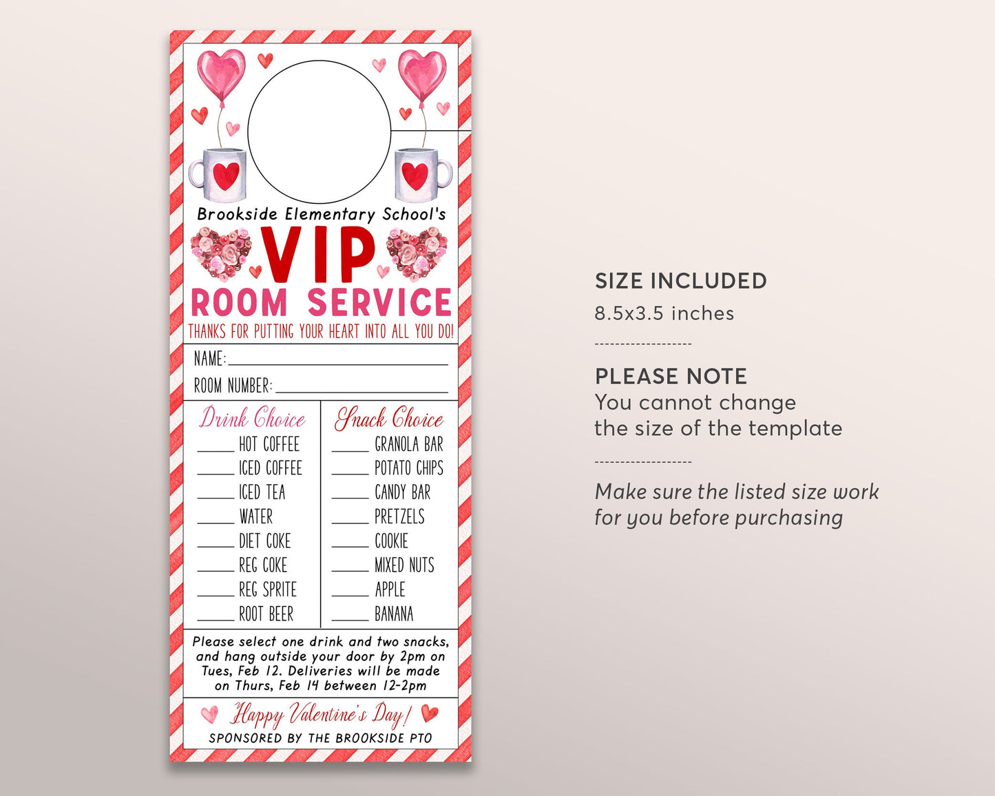 Valentine's Day VIP Room Service Door Hanger Editable Template, Valentine Teacher And Staff Appreciation Week School PTA PTO Thank You