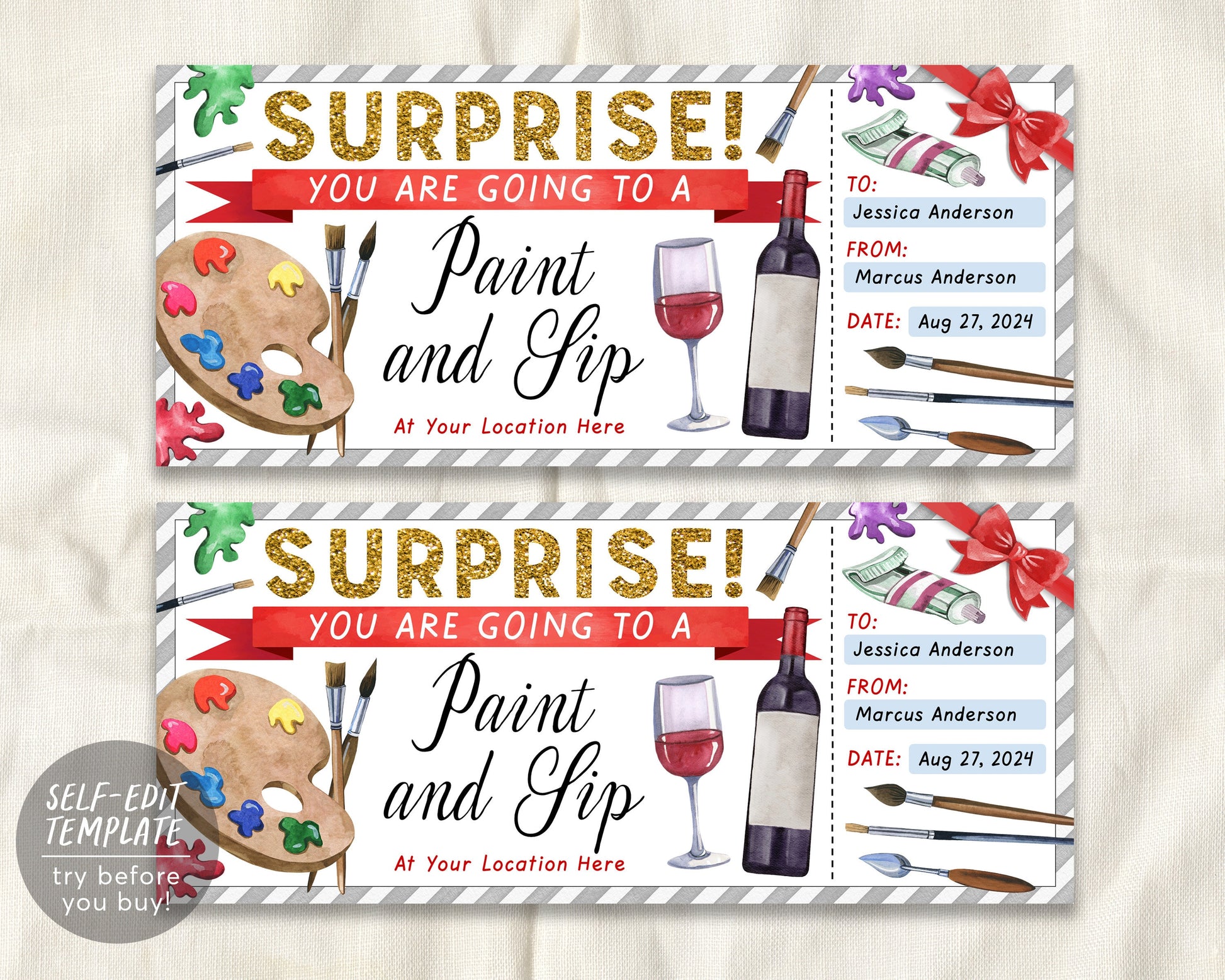 Paint And Sip Class Gift Certificate Ticket Editable Template