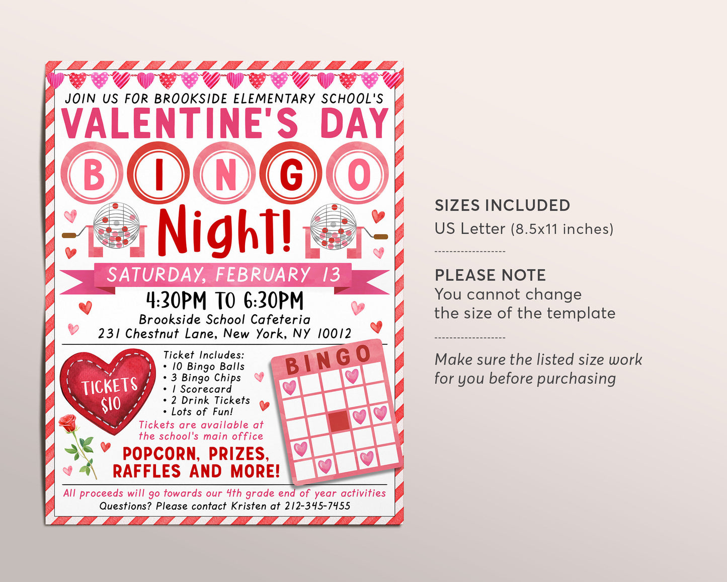 Valentine's Day Bingo Night Fundraiser Flyer Editable Template, Valentine Bingo Flyer Fundraising Event, PTA PTO School Family Community