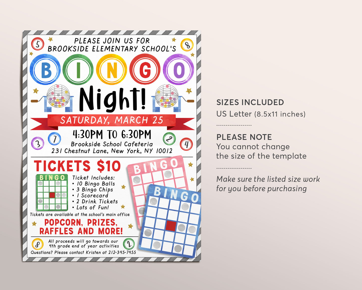 Bingo Night Fundraiser Flyer Editable Template, Bingo Flyer Game Night Event Invite, PTA PTO School Classroom Church Company Family Library