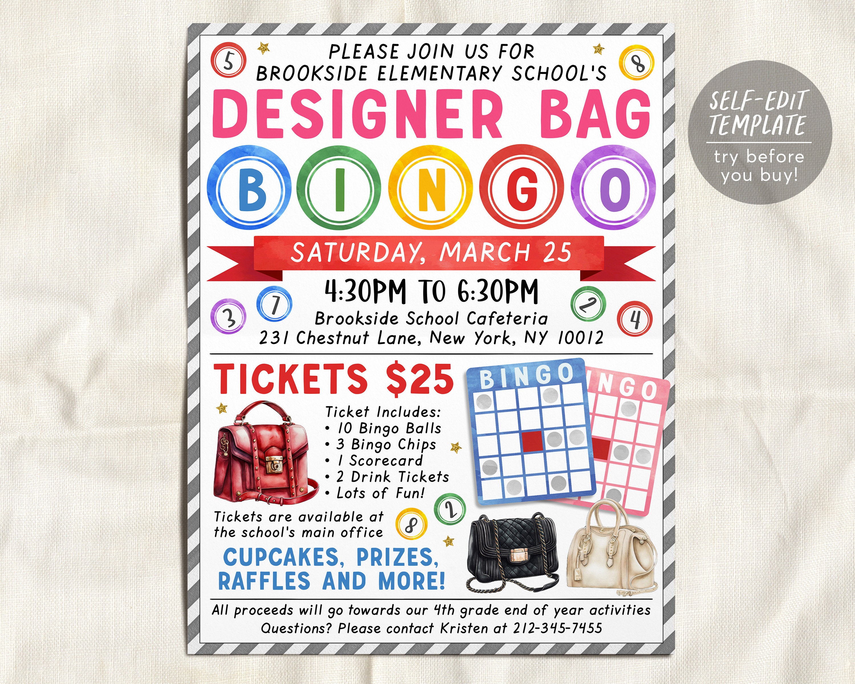 Designer Bag Bingo Night Flyer Editable Template, Womens Bingo Fundrai
