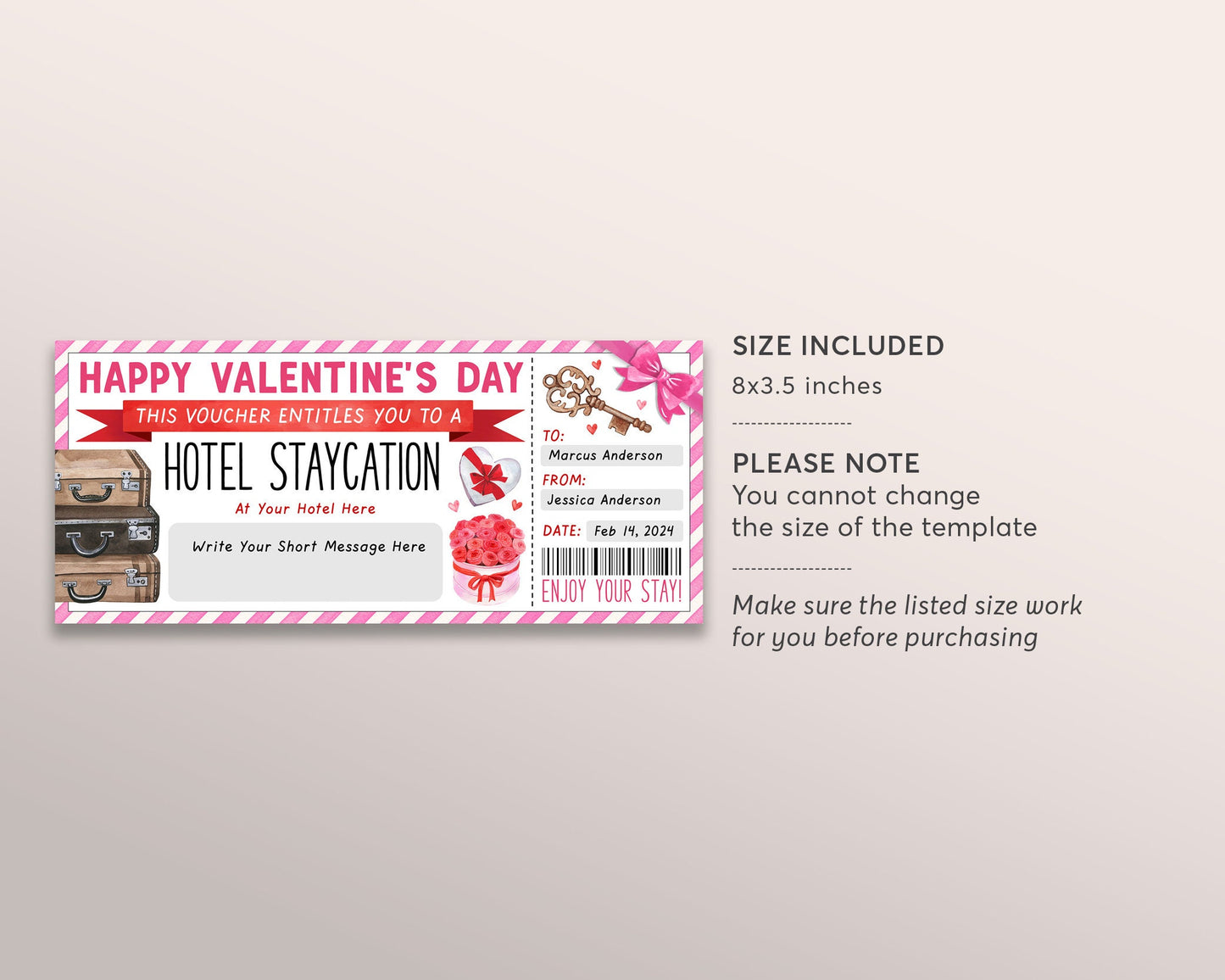 Valentines Day Hotel Staycation Voucher Editable Template, Anniversary Surprise Hotel Reservation, Getaway Hotel Ticket Gift Certificate