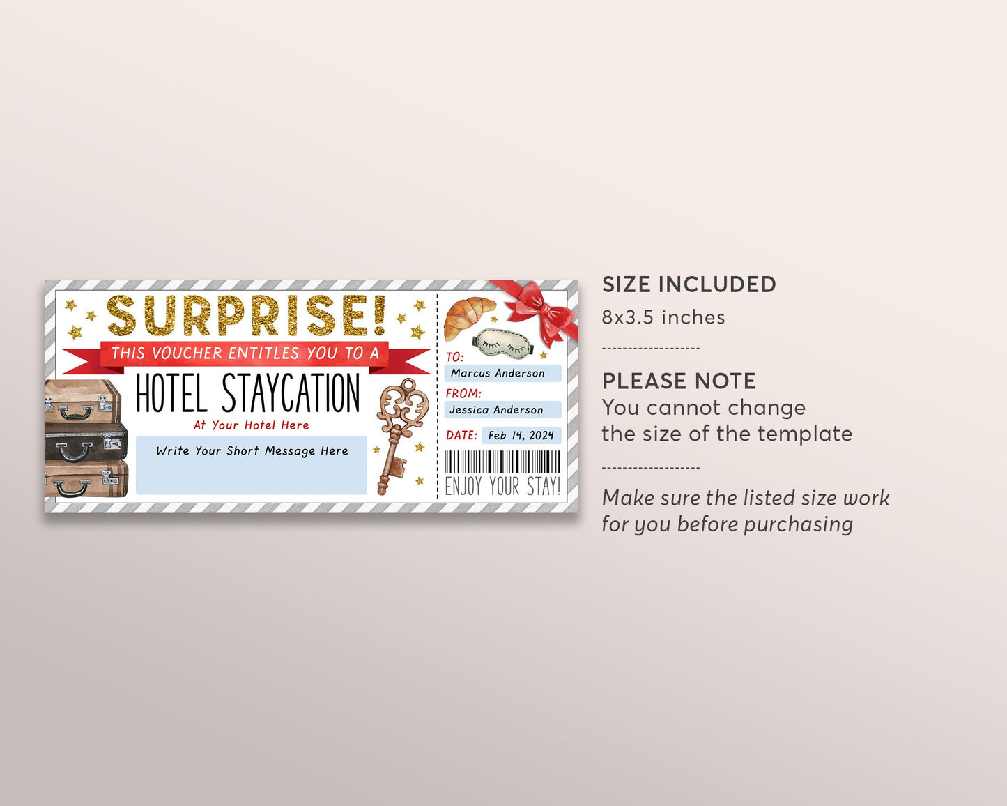 Hotel Staycation Voucher Editable Template, Surprise Hotel Reservation, Holiday Weekend Getaway Hotel Ticket Gift Certificate Road Trip