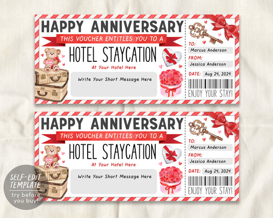 Wedding Anniversary Hotel Staycation Voucher Editable Template