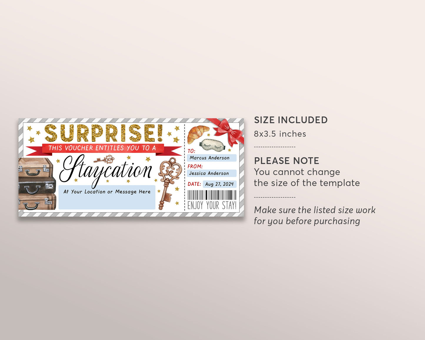 Surprise Staycation Voucher Editable Template, Weekend Getaway Hotel Ticket Gift Certificate Reveal, Hotel Reservation For Any Occasion