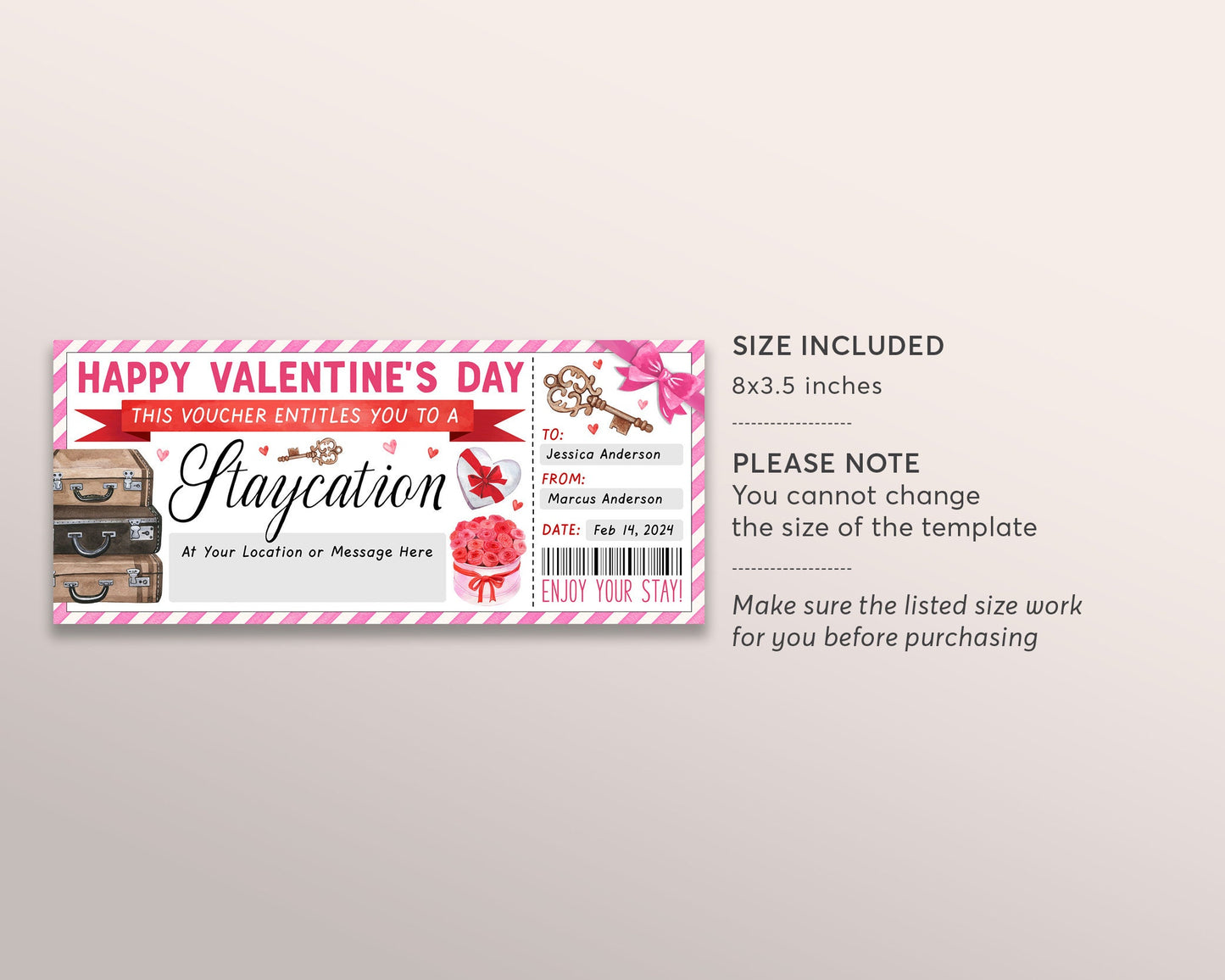 Valentines Day Staycation Voucher Editable Template, Surprise Weekend Getaway Hotel Ticket Gift Certificate Reveal, Hotel Reservation