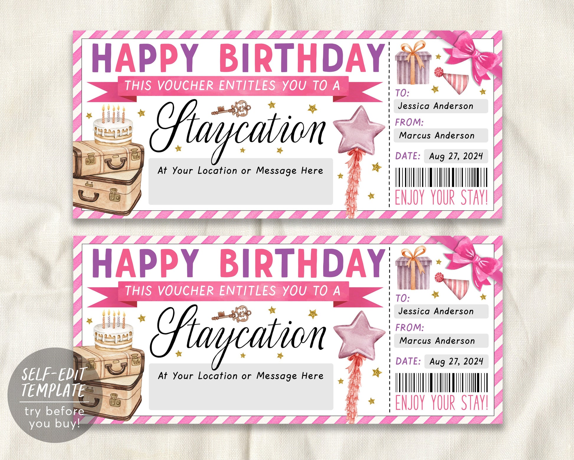 Birthday Staycation Voucher Editable Template