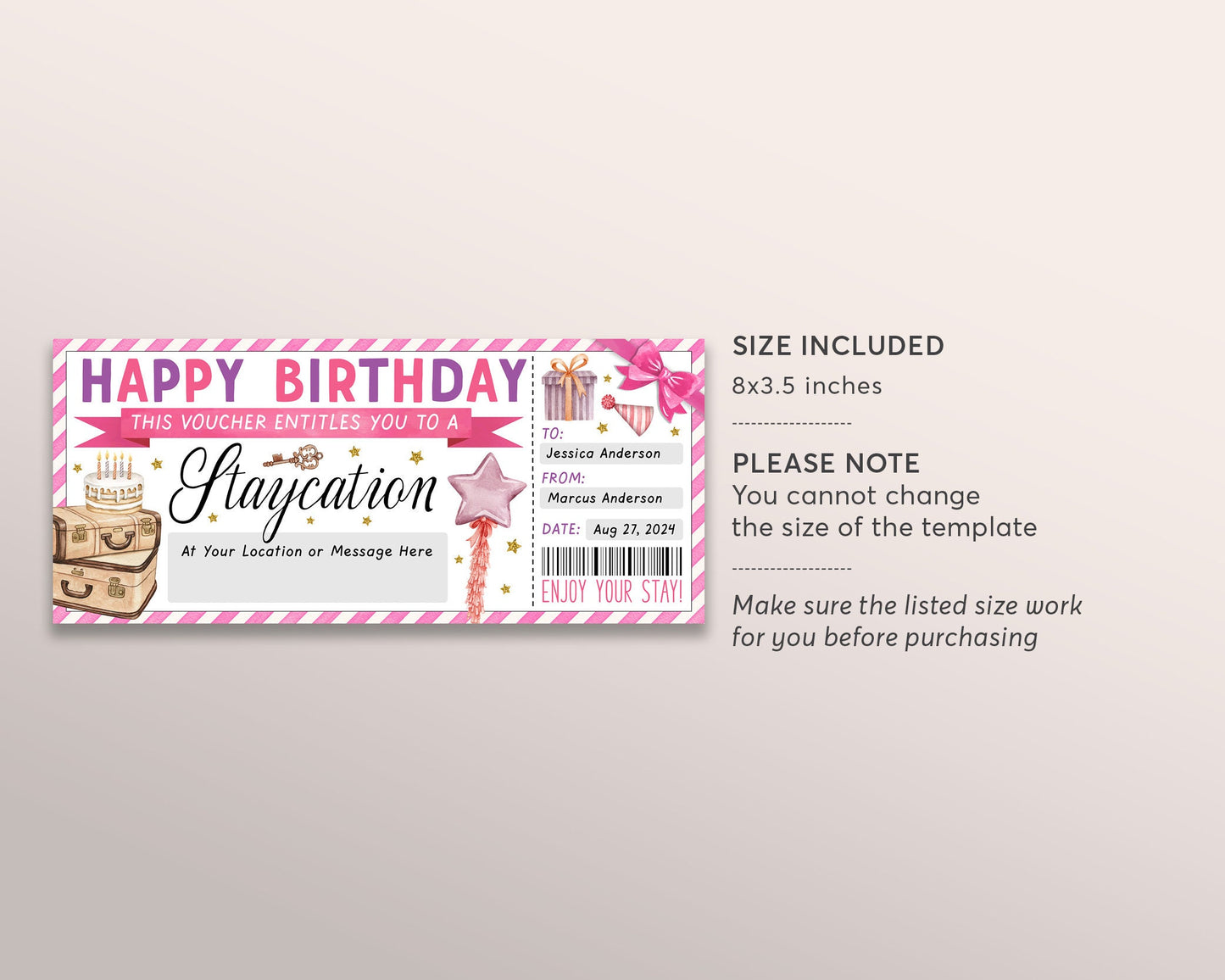 Staycation Voucher Editable Template, Birthday Party Surprise Weekend Getaway Hotel Ticket Gift Certificate Reveal, Hotel Reservation