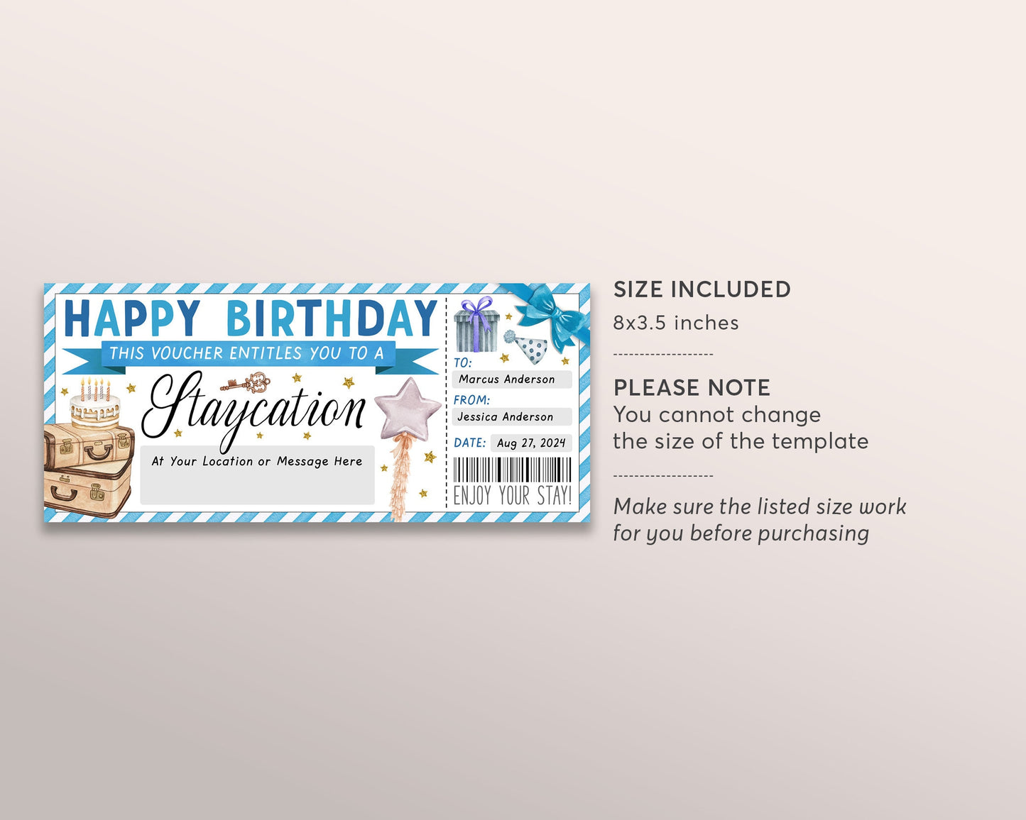 Staycation Voucher Editable Template, Birthday Party Surprise Weekend Getaway Hotel Ticket Gift Certificate Reveal, Hotel Reservation