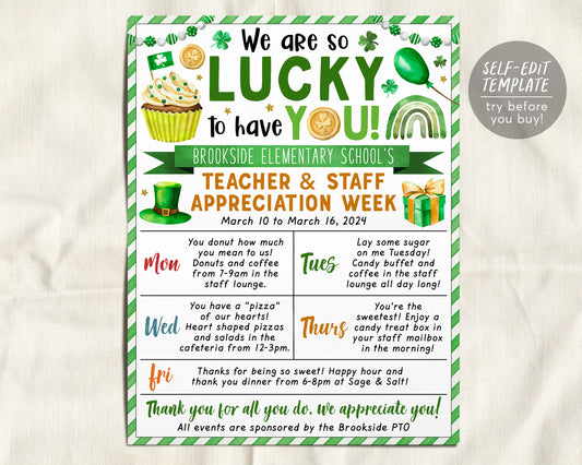 St Patrick&#39;s  Teacher Staff Appreciation Week Itinerary Flyer Editable Template