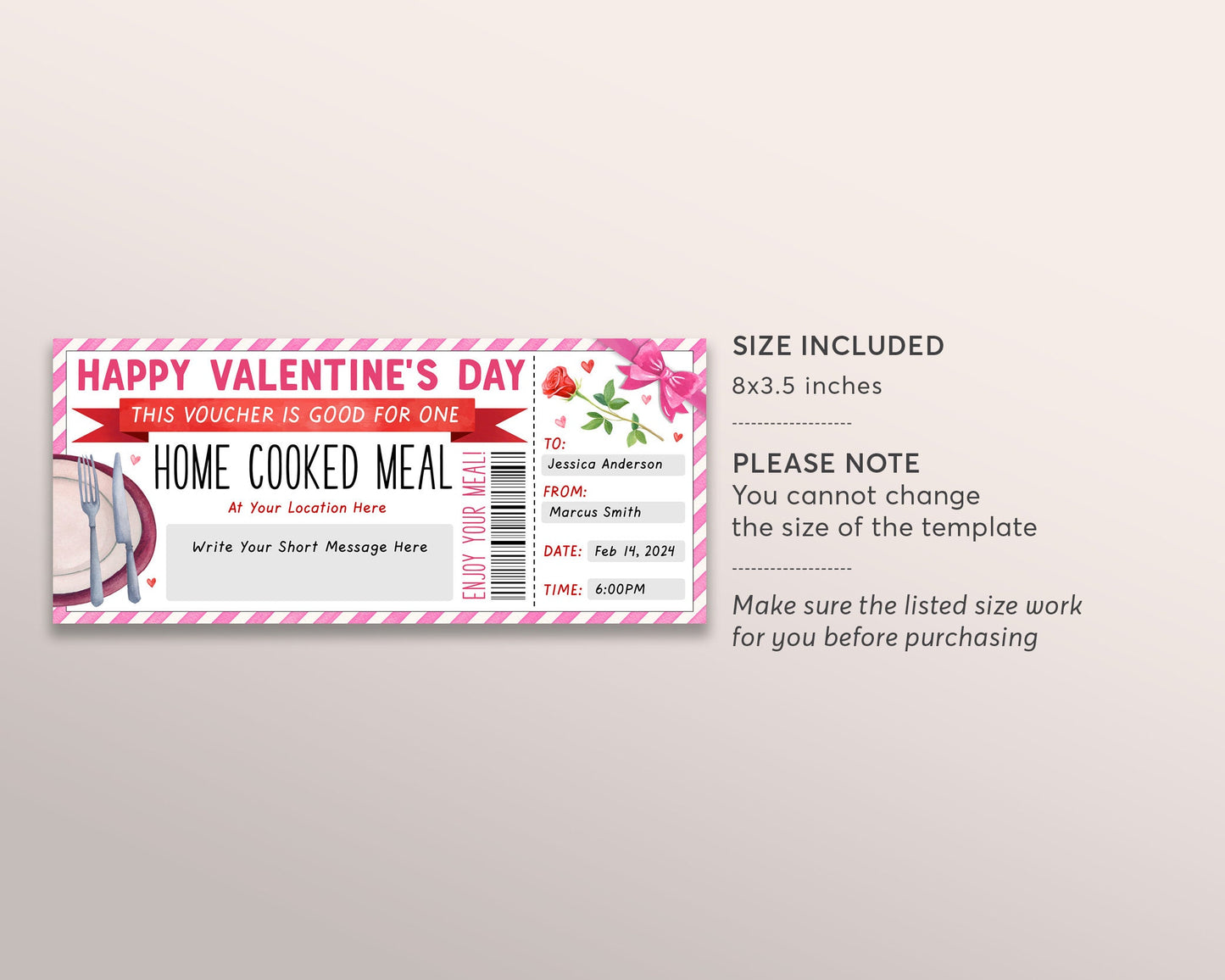 Valentines Day Home Cooked Meal Coupon Editable Template, Surprise Personal Chef Experience Dinner Gift Voucher, Dining Gift Certificate