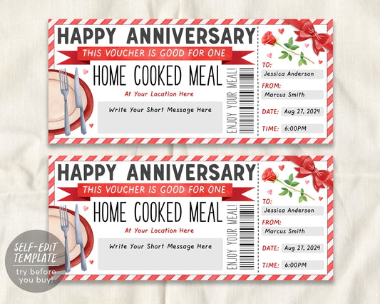 Wedding Anniversary Home Cooked Meal Coupon Editable Template