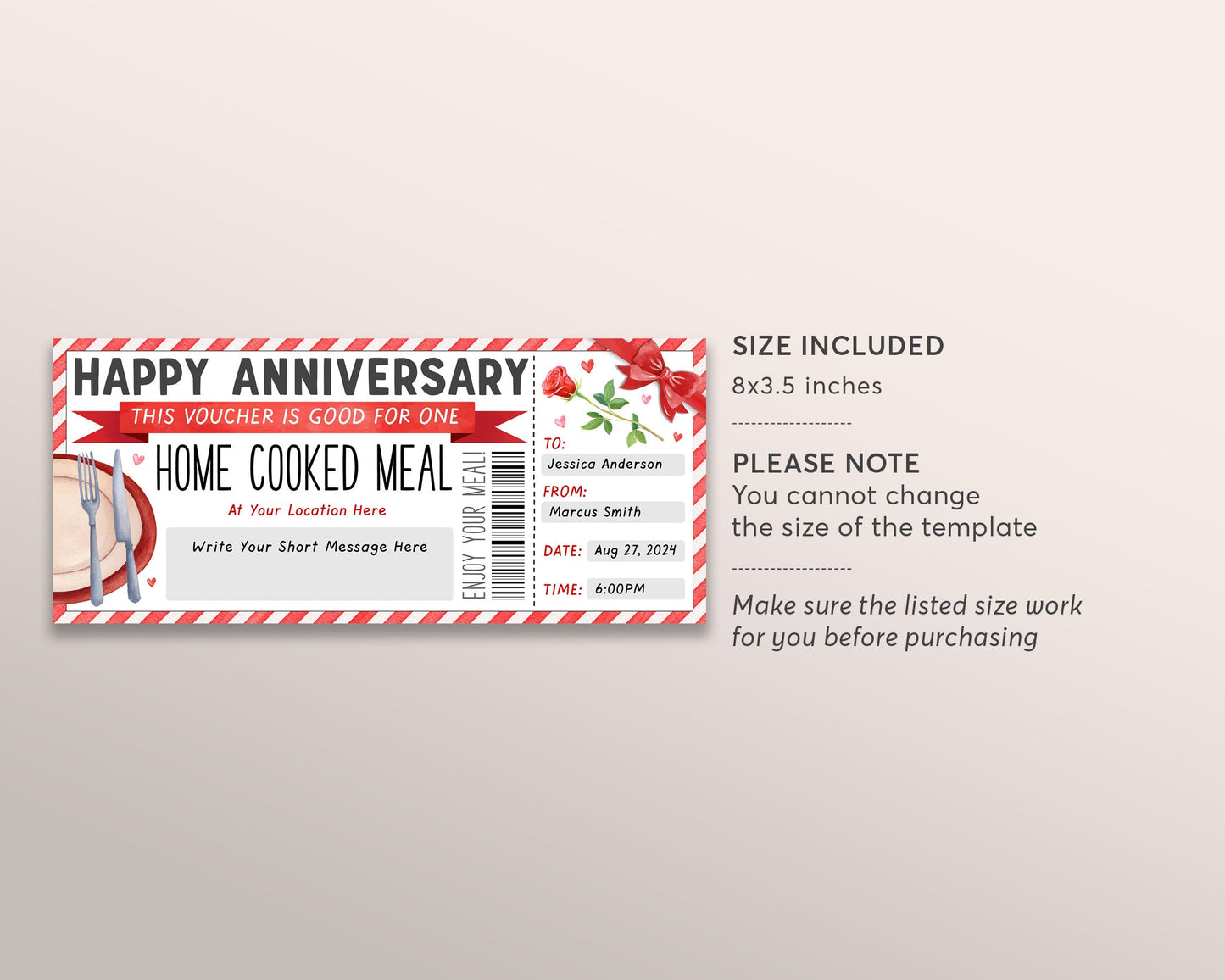 Home Cooked Meal Coupon Editable Template, Anniversary Personal Chef Experience Dinner Gift Voucher For Wife Husband Gift Certificate