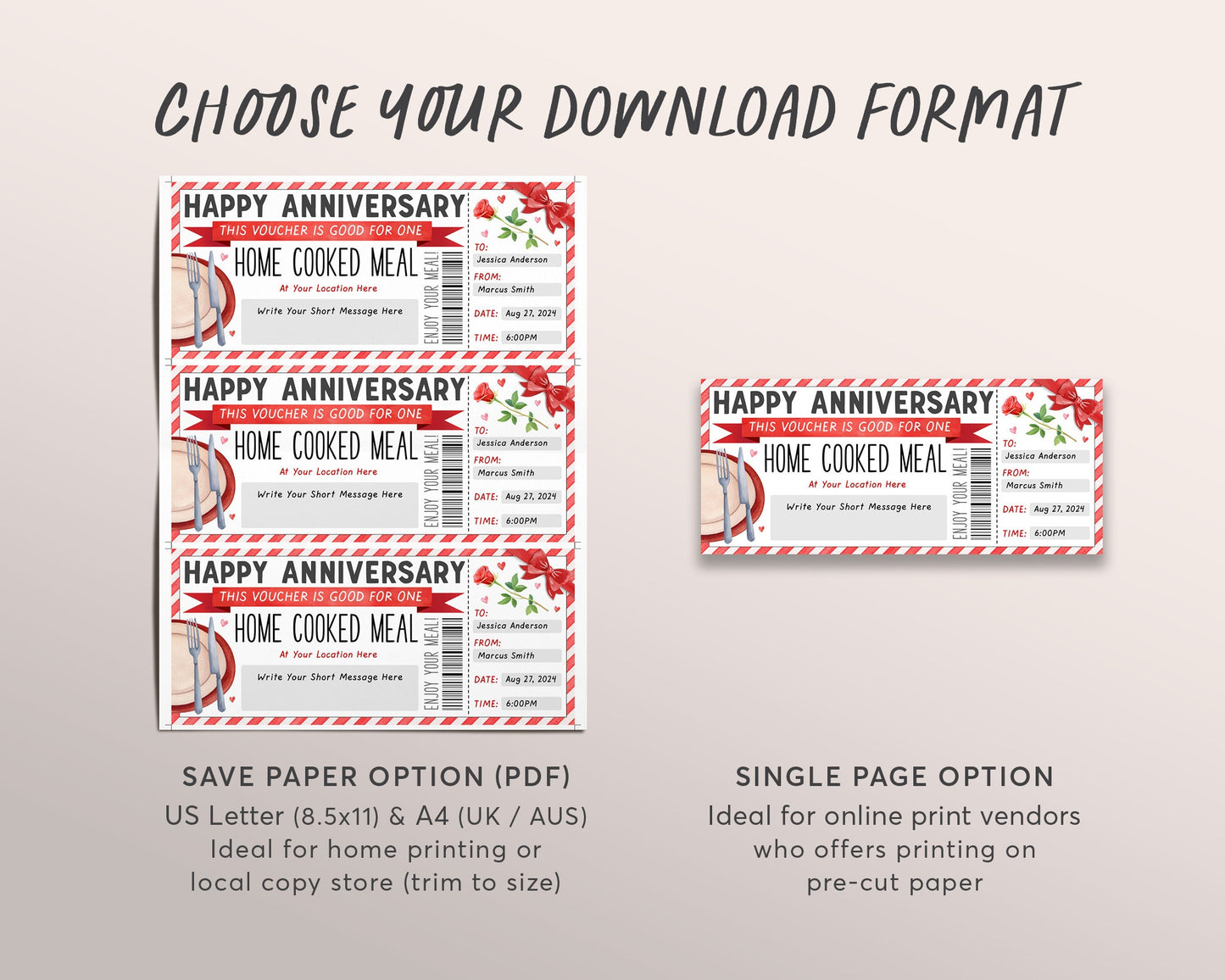 Home Cooked Meal Coupon Editable Template, Anniversary Personal Chef Experience Dinner Gift Voucher For Wife Husband Gift Certificate