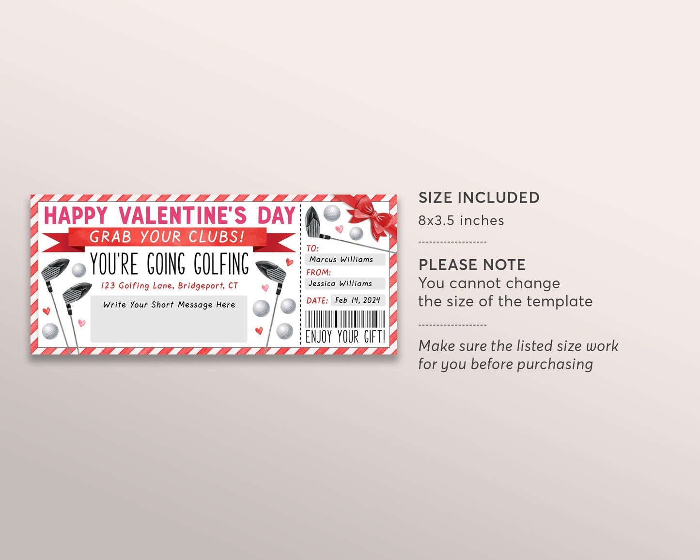 Valentine's Day Golf Trip Gift Ticket Editable Template, Surprise Anniversary Golfing Game Voucher Gift Certificate, Round of Golf For Him