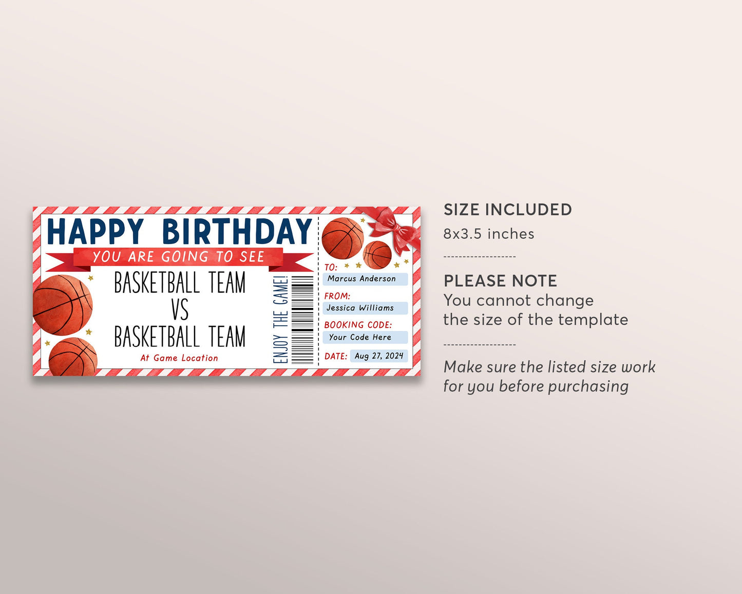 Basketball Game Gift Ticket Editable Template, Birthday Surprise Sports Game Ticket Voucher Gift Certificate For Him, Basketball Lovers Gift