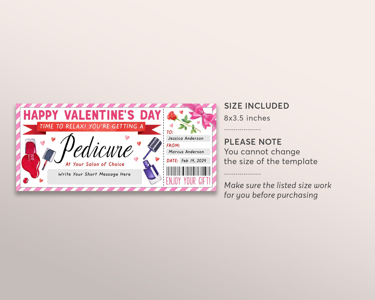 Valentines Day Pedicure Ticket Editable Template, Surprise Mani Pedi Gift Certificate For Girlfriend Wife, Nail Salon Spa Voucher Coupon