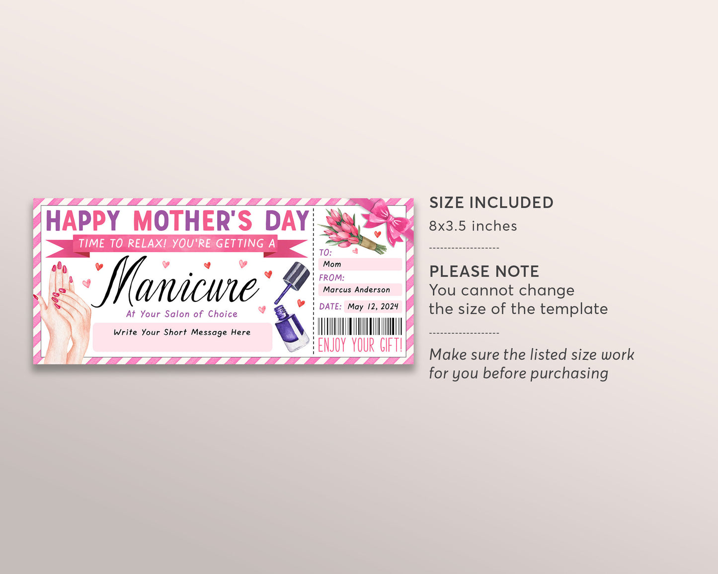Mothers Day Manicure Ticket Editable Template, Birthday Surprise Mani Pedi Gift Certificate For Mom, Nail Salon Spa Voucher Coupon Reveal