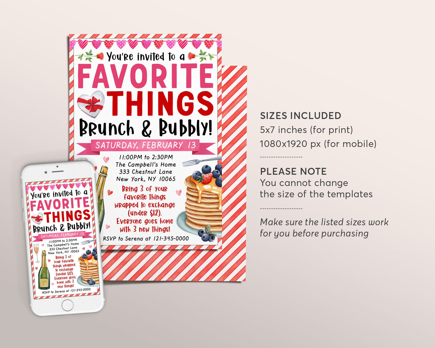 Valentines Day Brunch And Bubbly Invitation Editable Template, Galentine's Favorite Things Party Champagne Mimosas Breakfast Gift Exchange