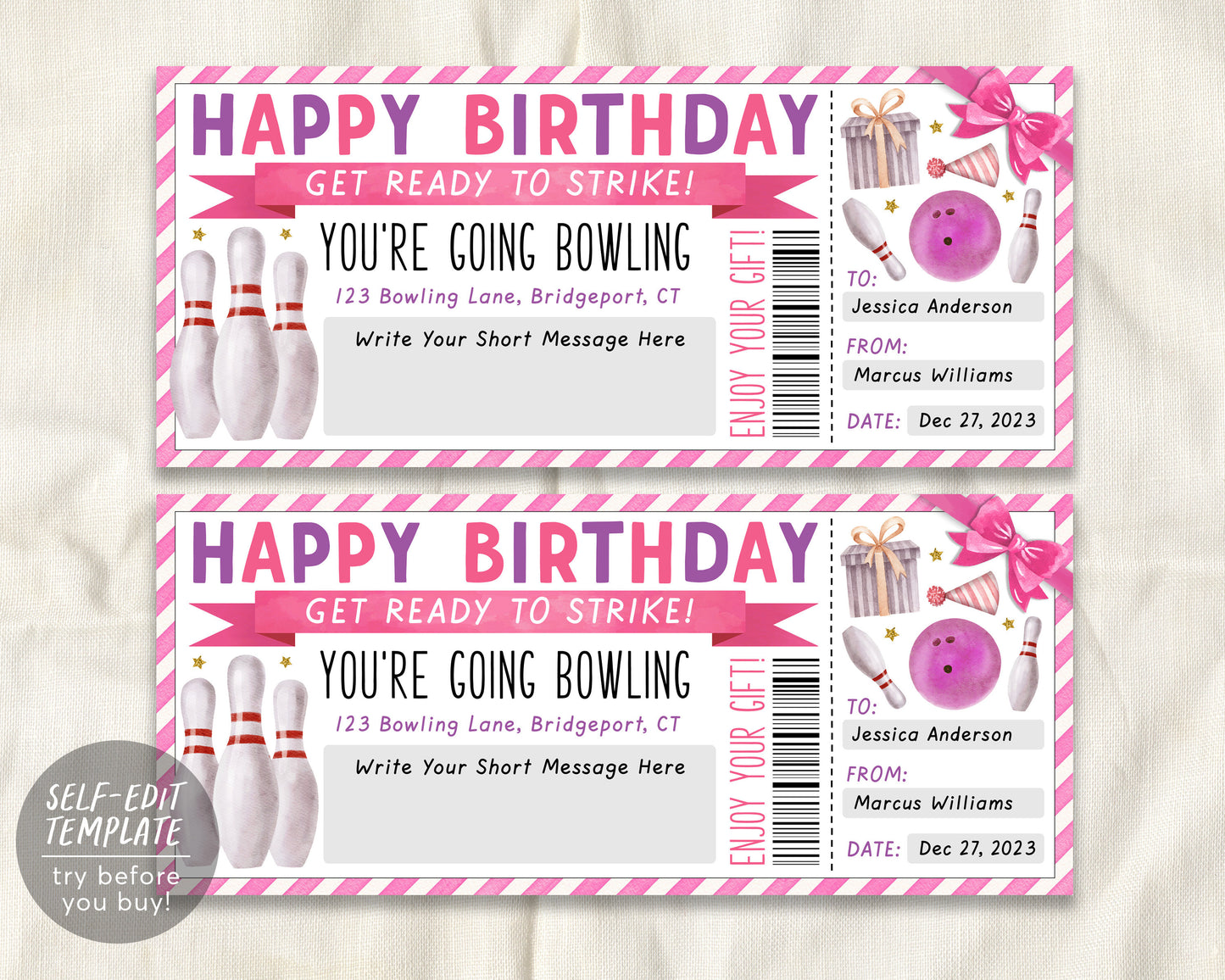 Bowling Gift Certificate Editable Template,