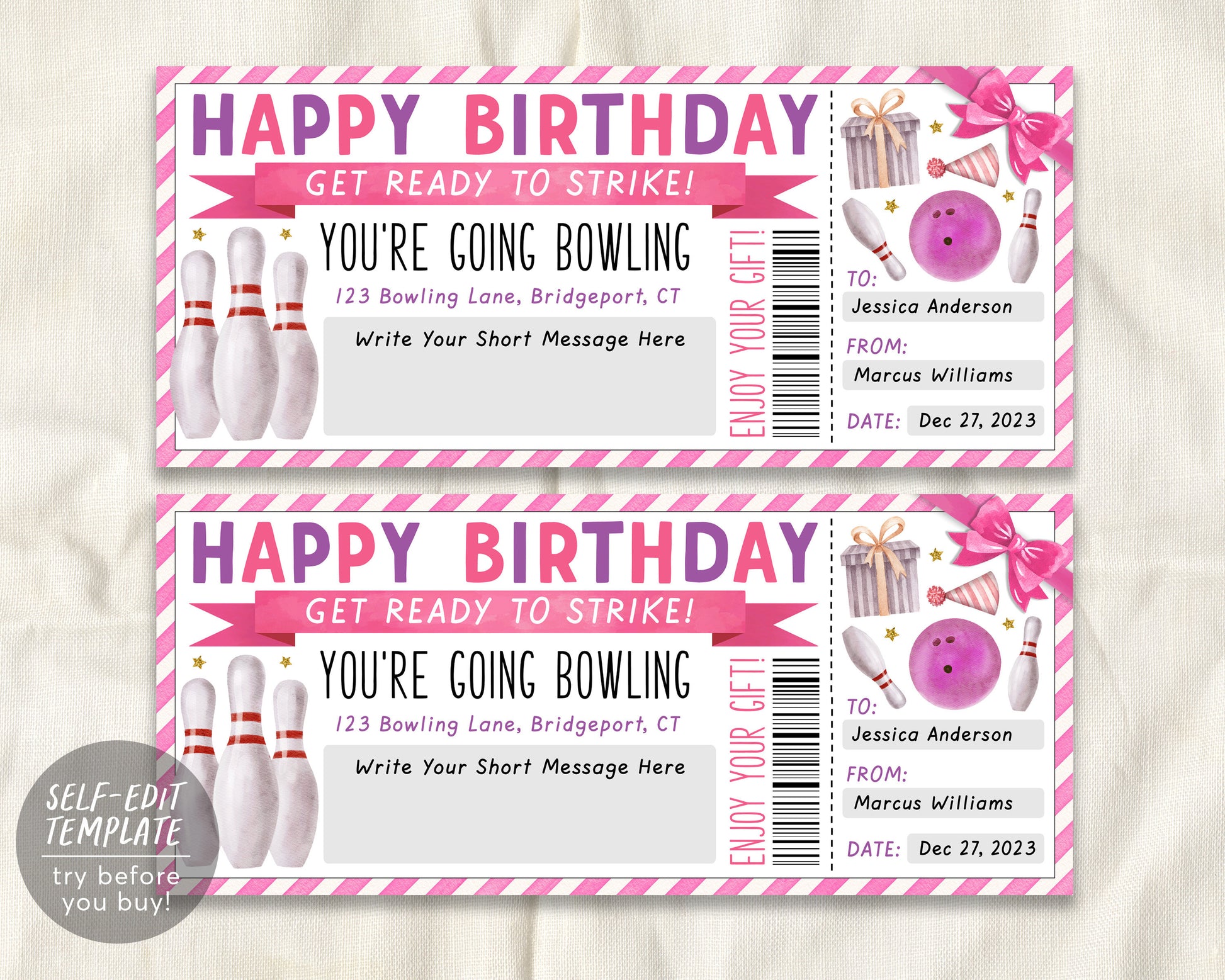 Bowling Gift Certificate Editable Template,