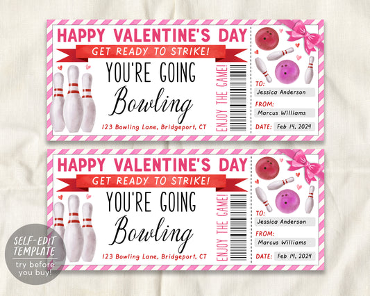 Valentine&#39;s Day Bowling Gift Certificate Editable Template