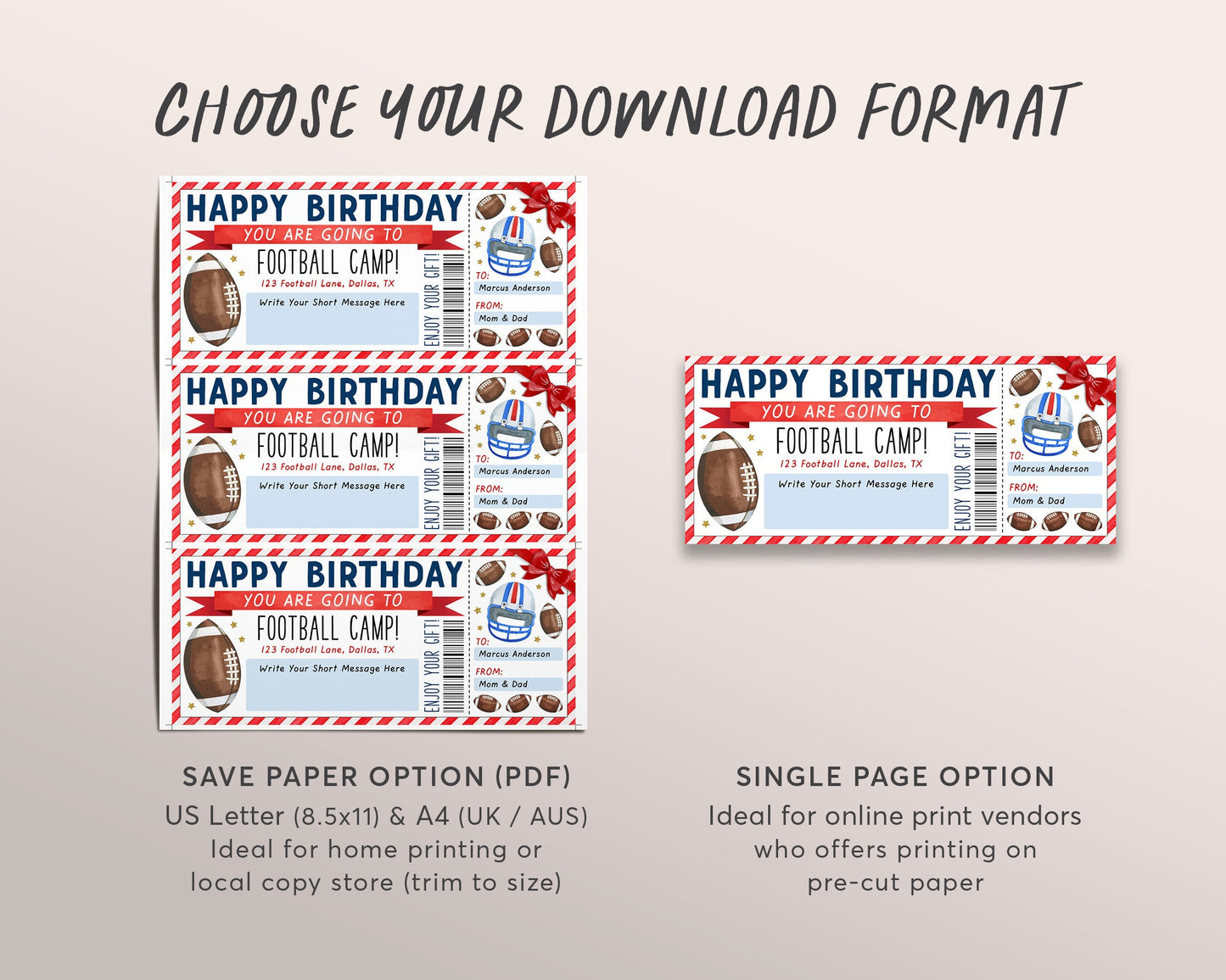 Birthday Football Camp Gift Ticket Editable Template, Surprise Training Camp Sports Game Voucher Skills Clinic Coupon Gift Certificate DIY