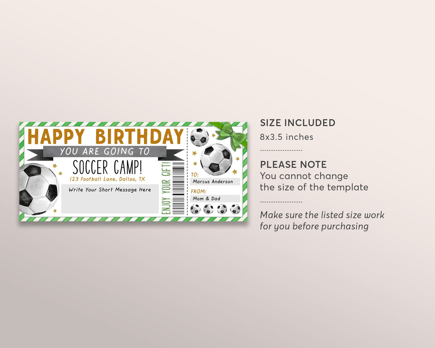 Soccer Camp Gift Ticket Editable Template, Birthday Surprise Training Camp Sports Game Voucher Skills Clinic Coupon Gift Certificate DIY