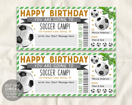 Soccer Camp Gift Ticket Editable Template