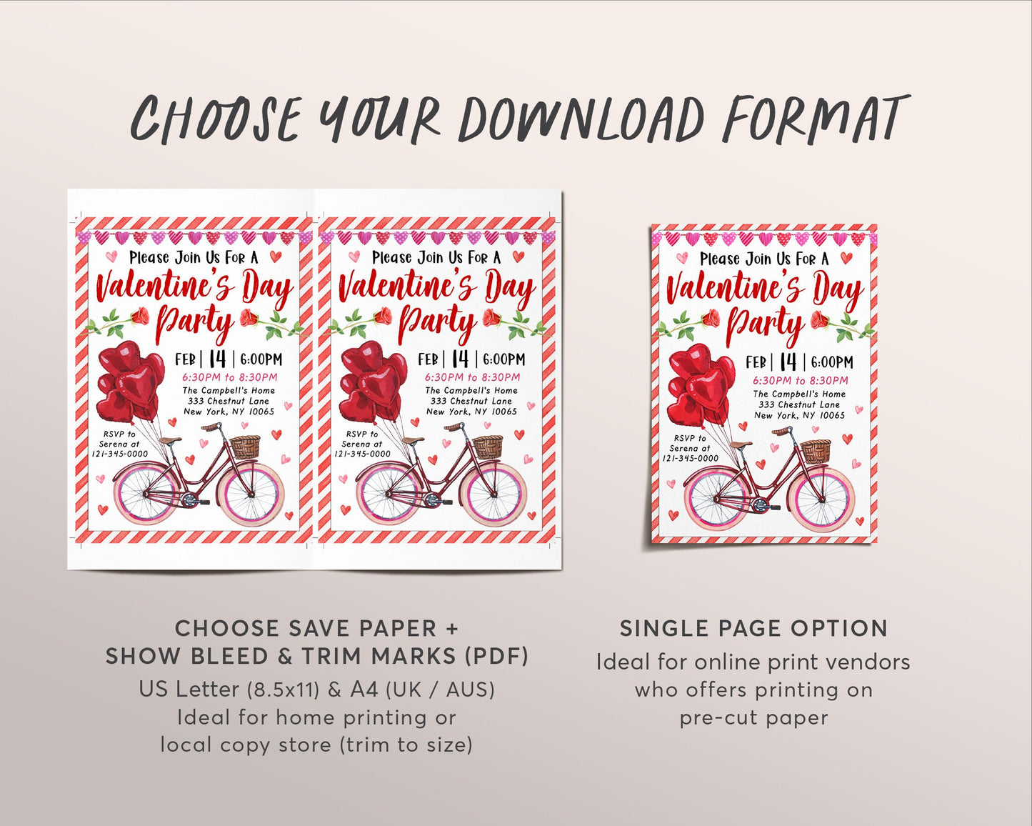 Valentines Day Party Invitation Editable Template, Happy Galentine's Day Girls Night Dinner Lunch Invite, Bicycle Heart Balloons Watercolor