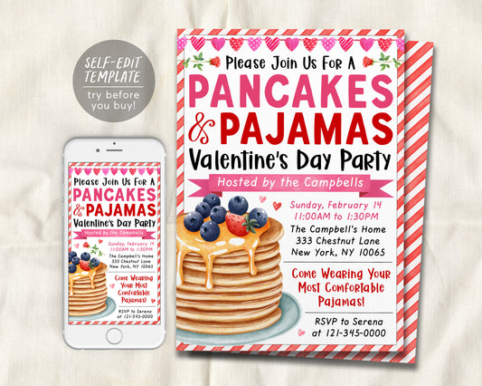 Valentines Day Pancakes and Pajamas Invitation Editable Template