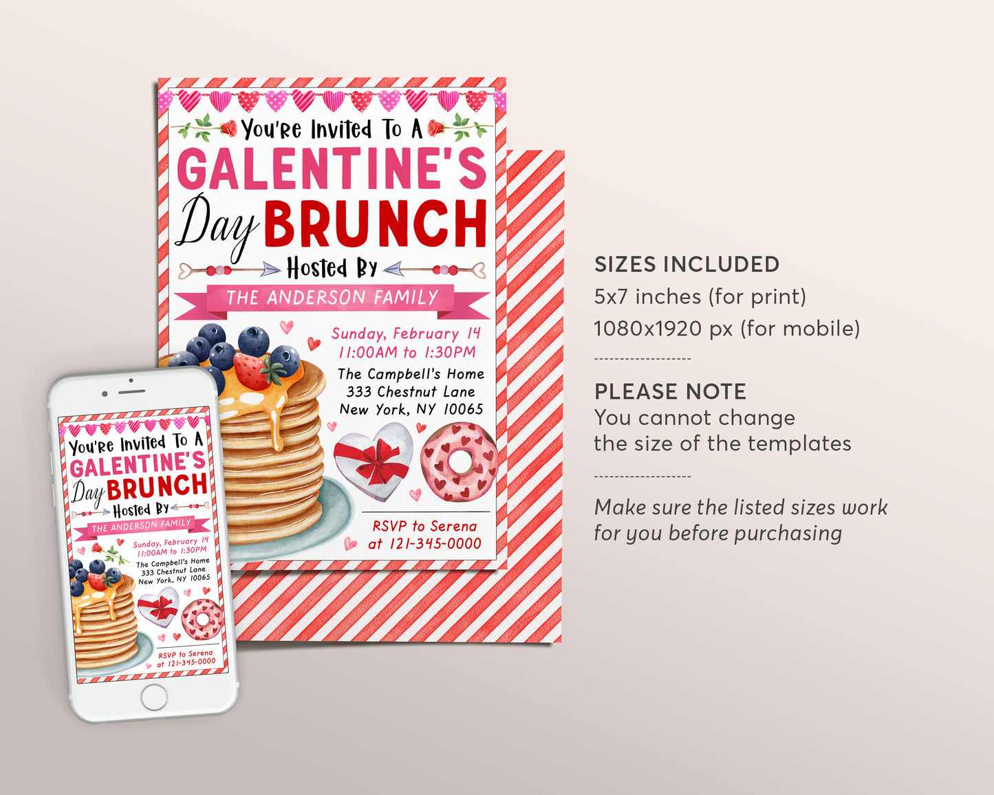 Galentine's Day Brunch Invitation Editable Template, Valentines Day Pancakes Breakfast Lunch Party Invite For Girl Friends Invite Evite