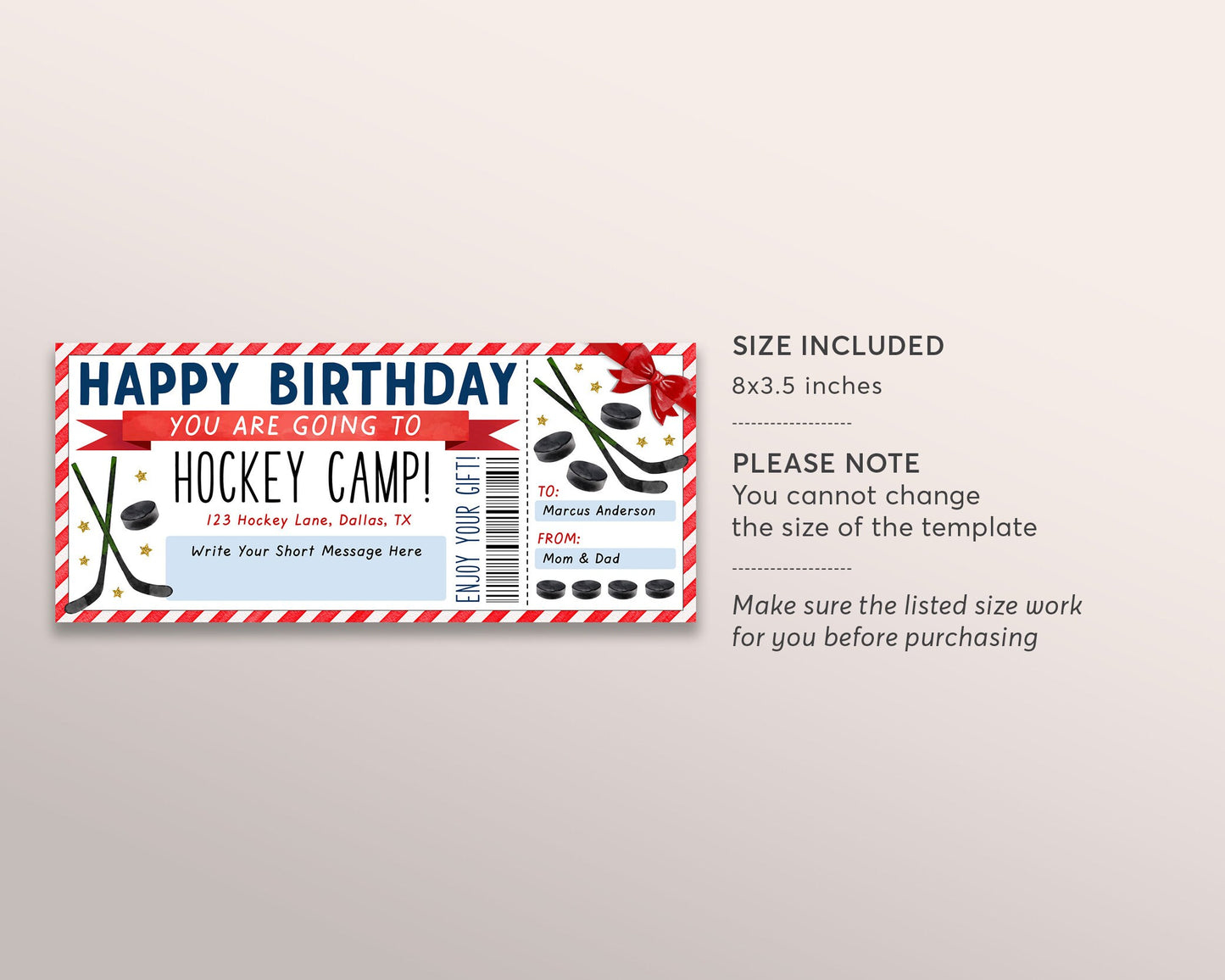 Hockey Camp Gift Ticket Editable Template, Birthday Surprise Training Camp Sports Game Voucher Skills Clinic Coupon Certificate Hockey Lover