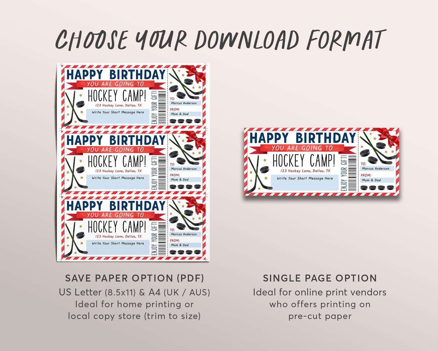 Hockey Camp Gift Ticket Editable Template, Birthday Surprise Training Camp Sports Game Voucher Skills Clinic Coupon Certificate Hockey Lover
