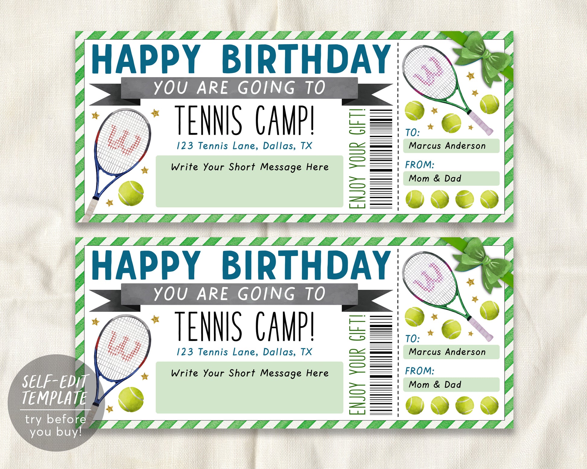 Tennis Camp Gift Ticket Editable Template