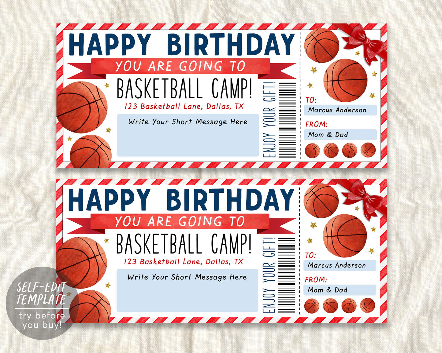 Basketball Camp Gift Ticket Editable Template, Birthday Surprise Basketball Training Camp Sports Voucher Skills Clinic Coupon Certificate