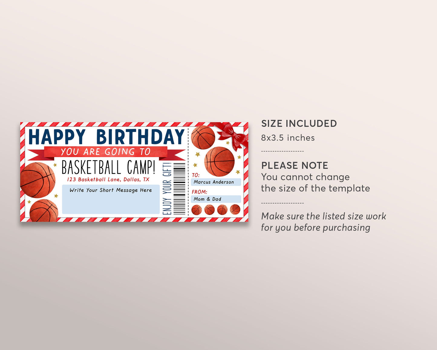 Basketball Camp Gift Ticket Editable Template, Birthday Surprise Basketball Training Camp Sports Voucher Skills Clinic Coupon Certificate