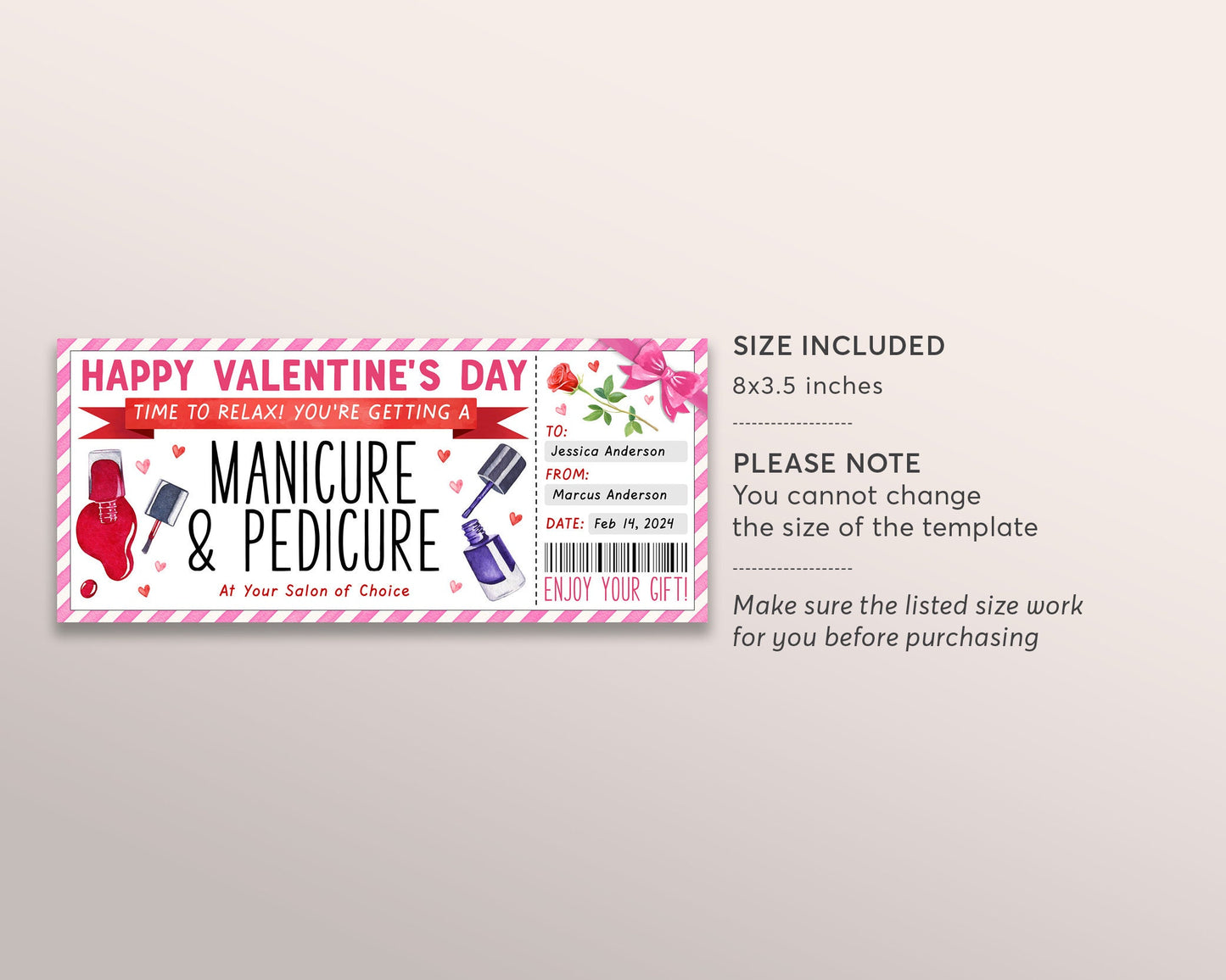 Valentines Day Mani Pedi Ticket Editable Template, Surprise Manicure Pedicure Gift Certificate For Girlfriend, Nail Salon Spa Voucher Coupon